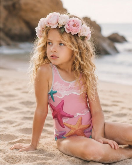 Pink Starfish Paradise Kids Swimsuit